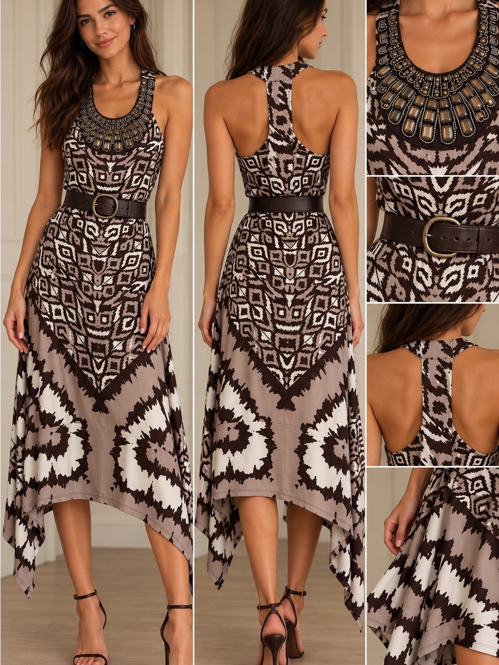 Sleeveless Brown & Cream Printed Racerback Dress with Embellished Neckline